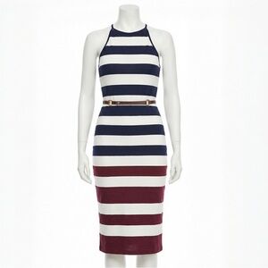 Ted Baker London Yuni Rowing Stripe Midi Dress Navy Maroon Belted Bodycon Size 6